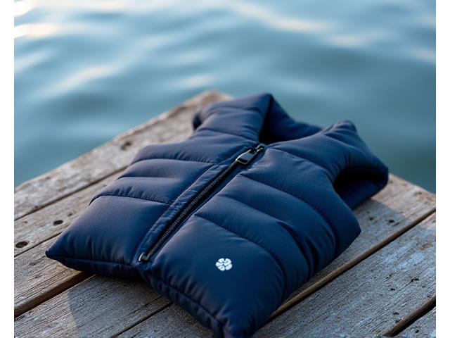 Dark blue life jacket made with sustainable fabrics, on a wooden dock with calm water background.