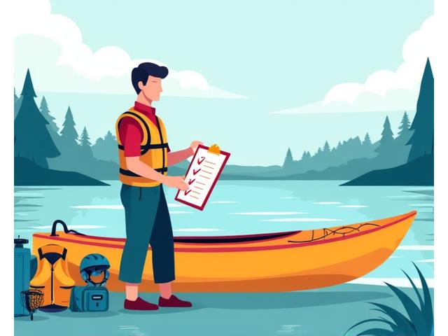 Illustration of a kayaker reviewing safety checklist before launch
