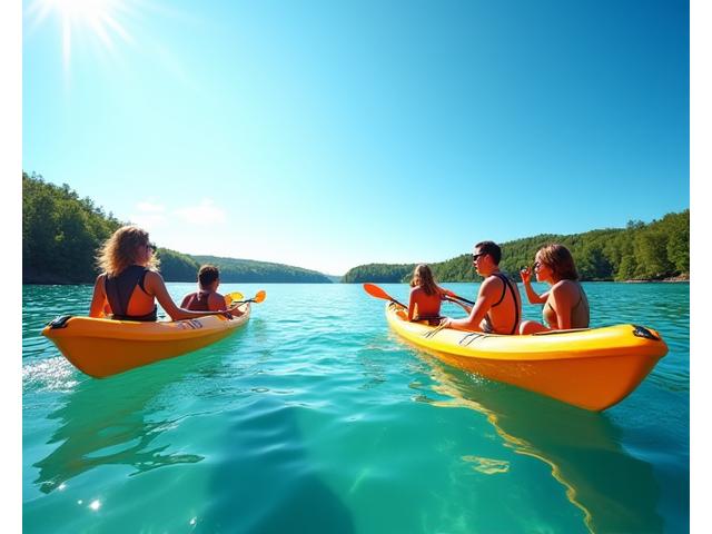 People kayaking on a sunny summer lake