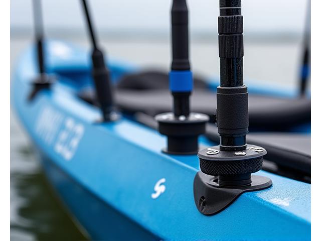 Close-up of three different kayak rod holders mounted on a fishing kayak, showing flush mount, rail mount, and track mount options with fishing rods securely in place.