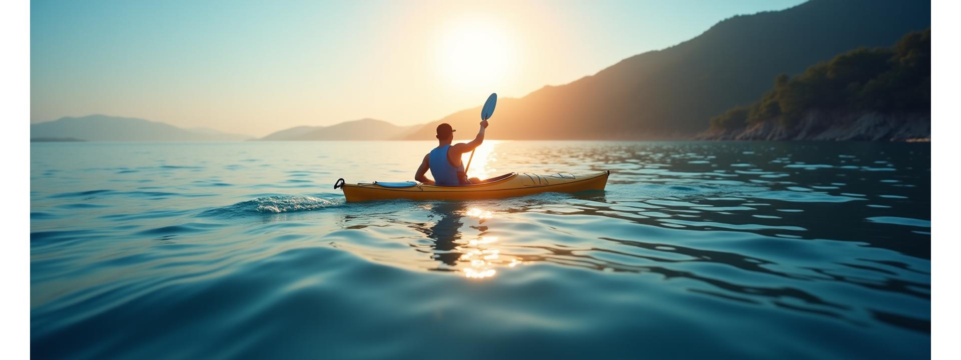 Kayaker with a lightweight carbon fiber paddle making a powerful stroke on clear blue water