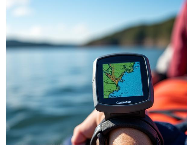 Wrist-mounted waterproof GPS device displaying a detailed marine chart, active route, and waypoints for kayaking