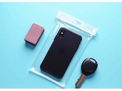 Small waterproof phone pouch next to a smartphone.